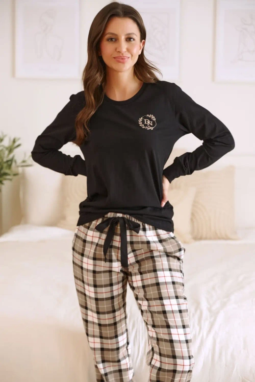 Bawełniana piżama damska długa w kratę PM.5202, czarna