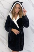 Ciepły miękki szlafrok soft z uszkami kaptur BRUNA, czerń