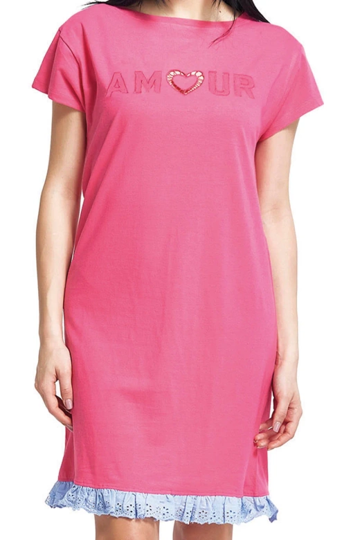 Koszula nocna w paski z koronkową falbanką Oxksana, różowa