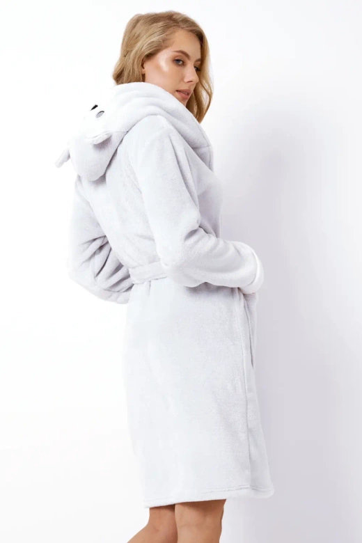 Ciepły miękki pluszowny szlafrok mega soft z misiem CALYSTA, szary