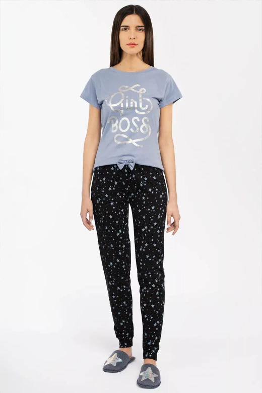 Bawełniana Krótka Piżama Damska GIRLY w gwiazdy, niebieska