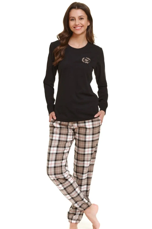 Bawełniana piżama damska długa w kratę PM.5202, czarna