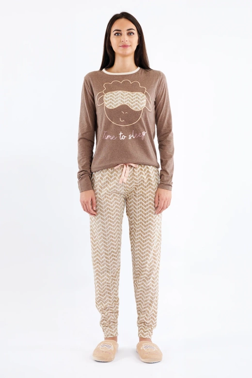 Piżama damska z nadrukiem owcy i wzorzystymi spodniami DEBORAH, brązowa