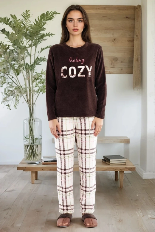 Ciepła polarowa piżama damska z napisem LILIANA, brązowa
