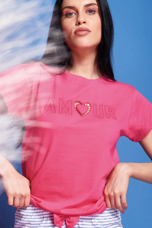 Bawełniana piżama długa damska z ażurowym haftem i paskami Juliana, różowa