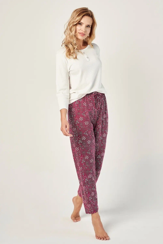 Piżama damska długa bawełna w prążek Estella 2994, kremowa