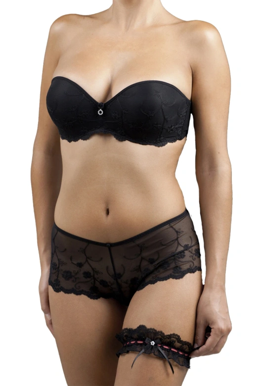 Zmysłowy komplet biustonosz push-up + figi + podwiązka GRACE, negro